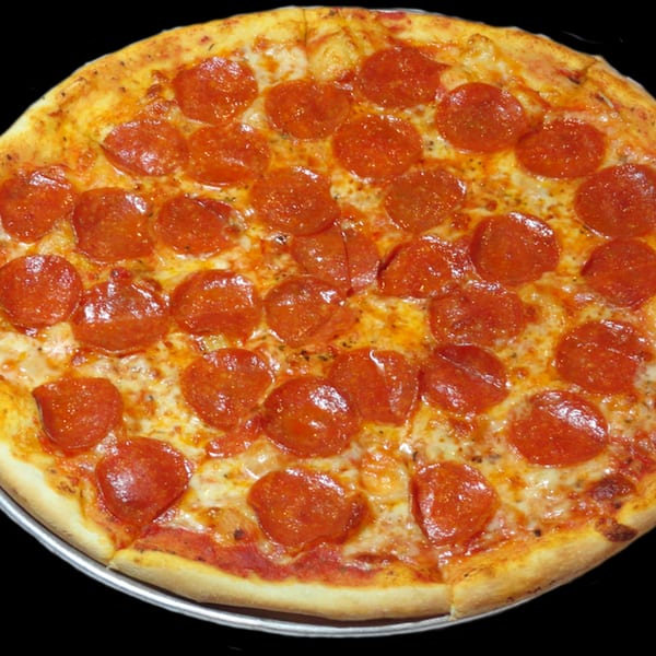 A whole pepperoni pizza from Town Pub, with melted cheese and a golden crust.